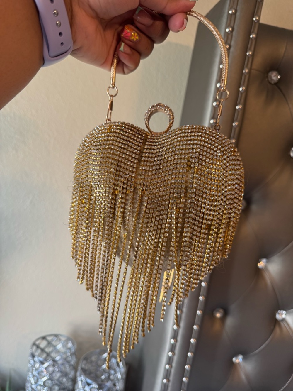 Gold Rhinestone Fringe Heart Evening Bag - Women Bags